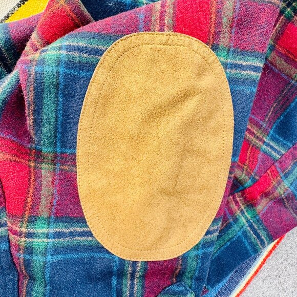Pendleton Mens Lodge Wool Shirt Red Blue Plaid Suede Elbow Patch Large Excellent - Picture 4 of 4